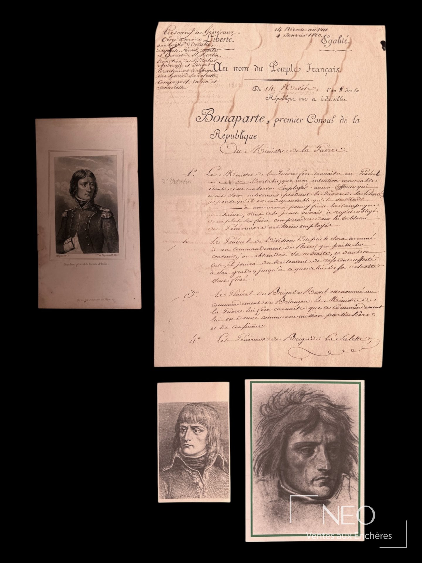 Vue d'ensemble du document signé avec deux petites reproductions de portrait et le texte manuscrit