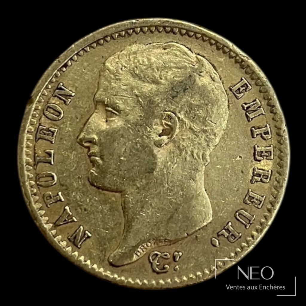 Avers d’une pièce de 20 francs or Napoléon Ier tête nue avec le profil de l’empereur