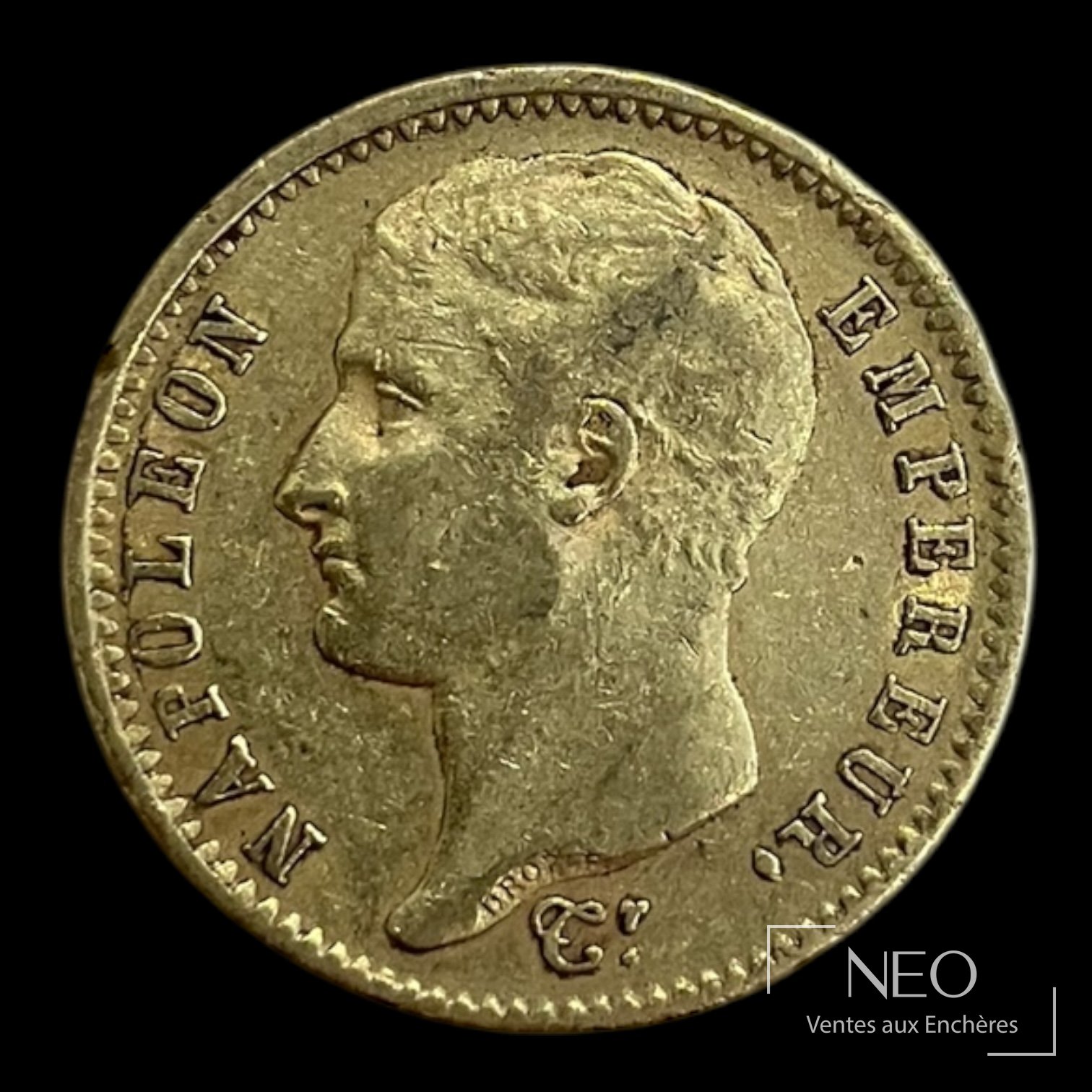 Avers d’une pièce de 20 francs or Napoléon Ier tête nue avec le profil de l’empereur