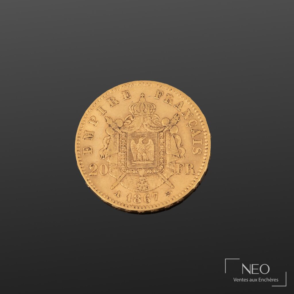 Revers d'une pièce de 20 francs or Napoléon III tête laurée