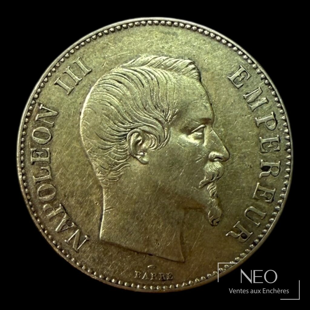 Avers d'une pièce de 100 francs Napoléon III tête nue 1858