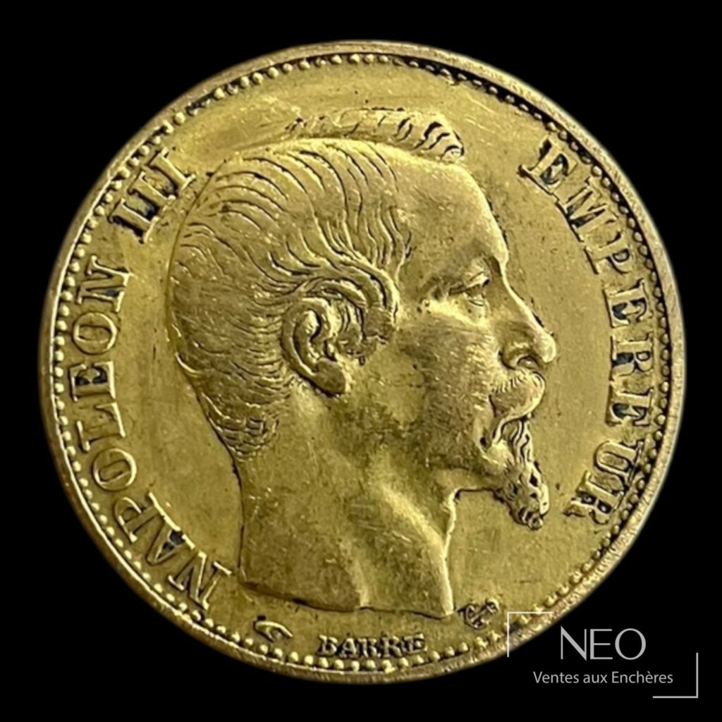 Avers d'une pièce de 20 francs or Napoléon III tête nue
