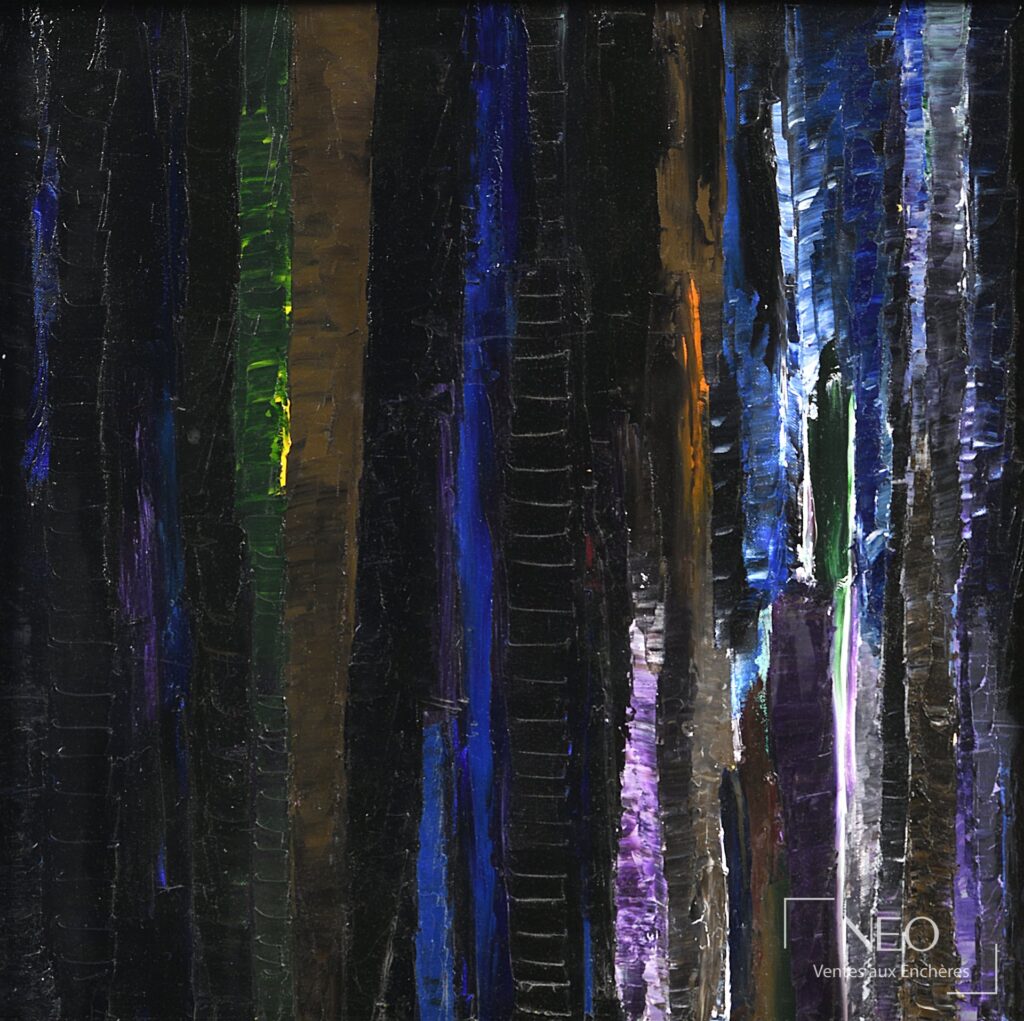 Composition abstraite verticale aux dominantes sombres relevées de bleu