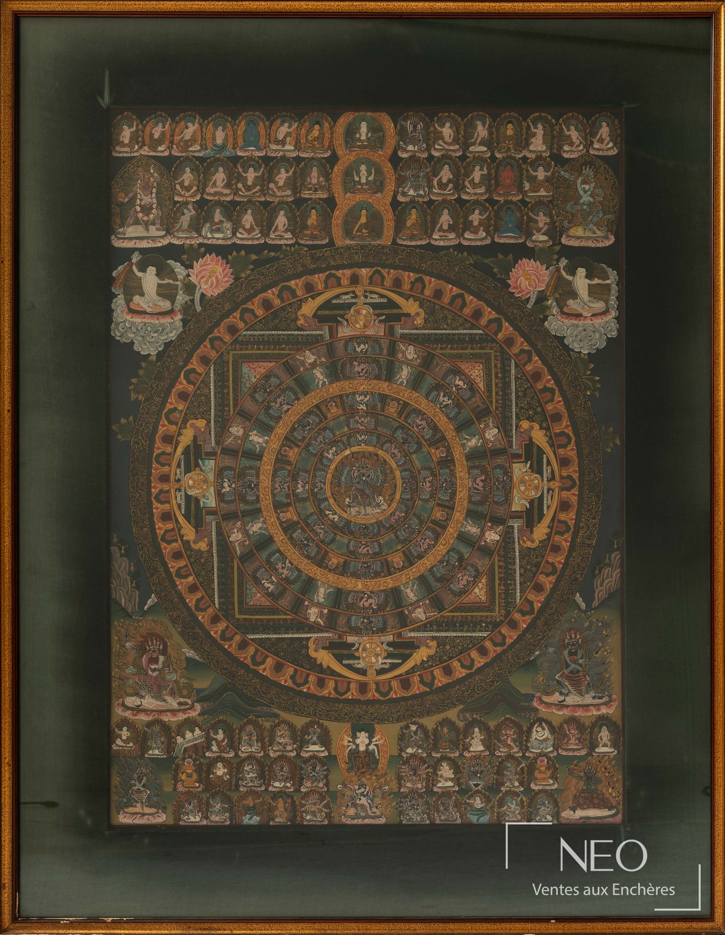 Thangka cosmologique népalais encadré sous verre