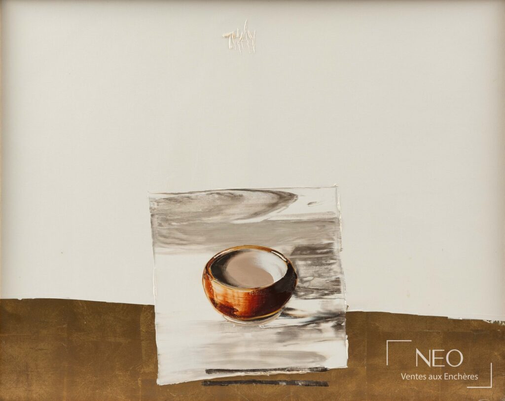 Huile sur toile de NGUYEN Dieu Thuy représentant une composition au bol sur fond clair