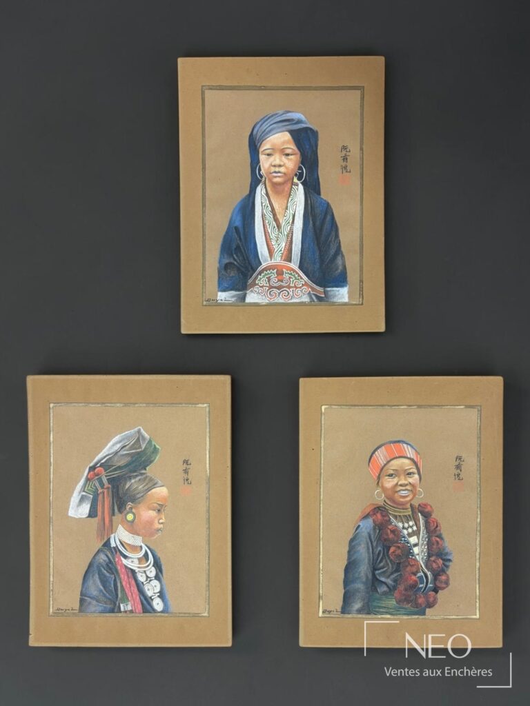 Trois pastels sur papier de Nguyen Huu DUYET représentant des femmes enturbannées