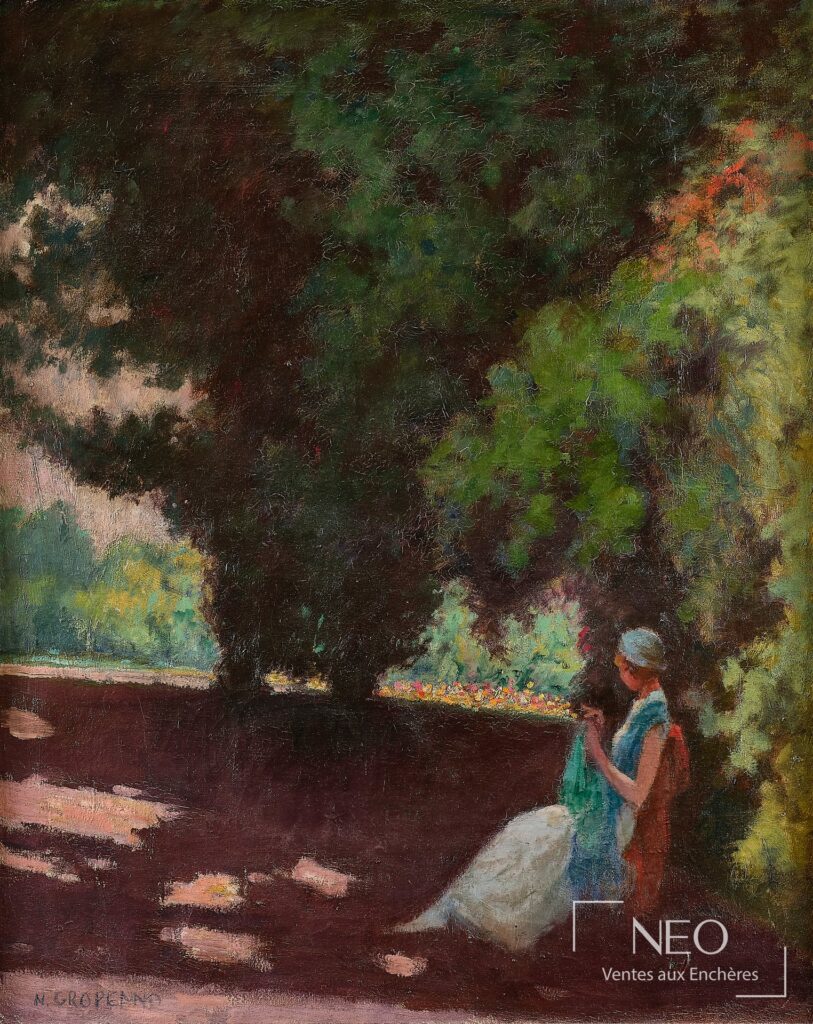Femme tricotant sous arbre