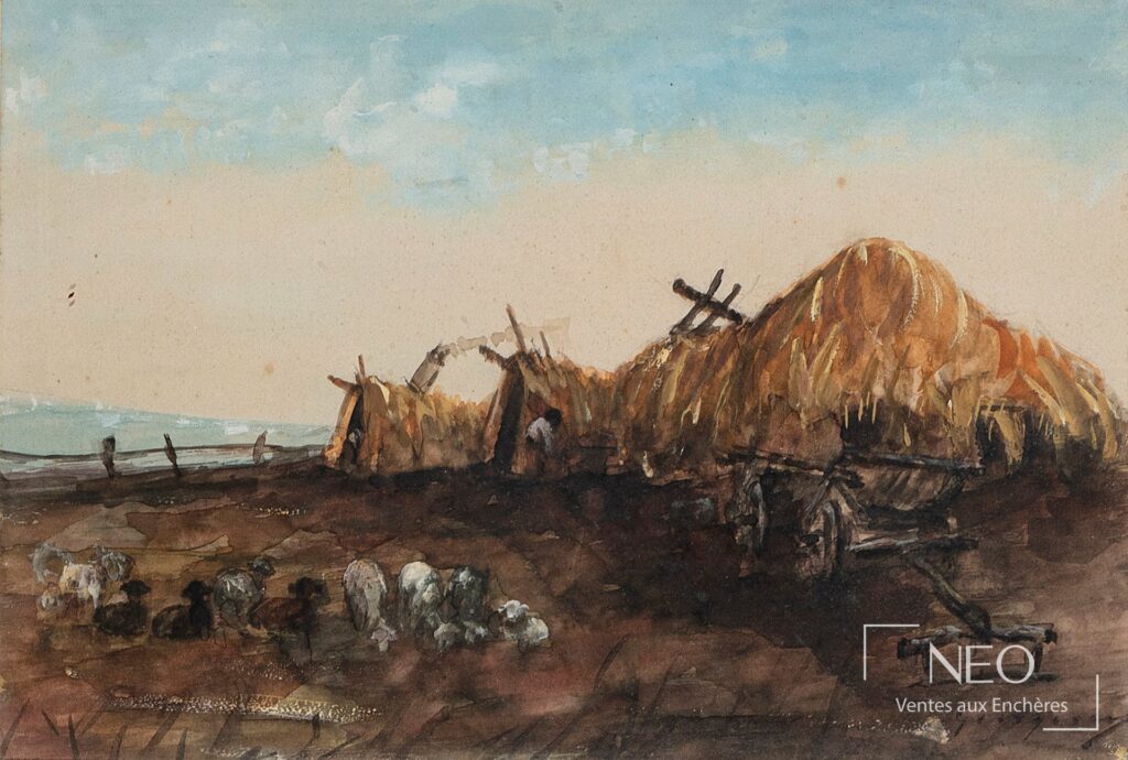 Scène rurale peinte à l'aquarelle avec charrette de foin et chèvres sous un ciel clair