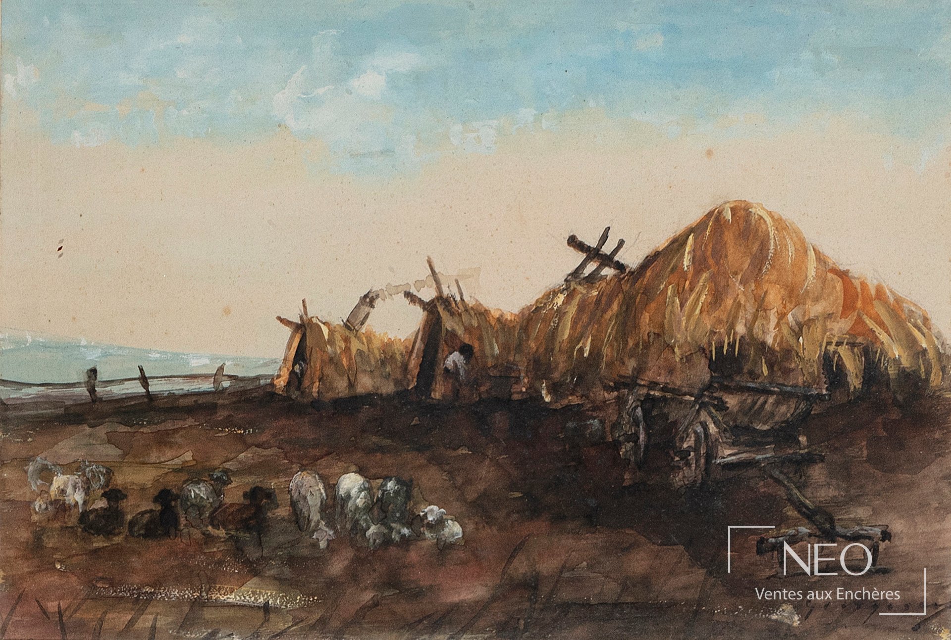 Scène rurale peinte à l'aquarelle avec charrette de foin et chèvres sous un ciel clair