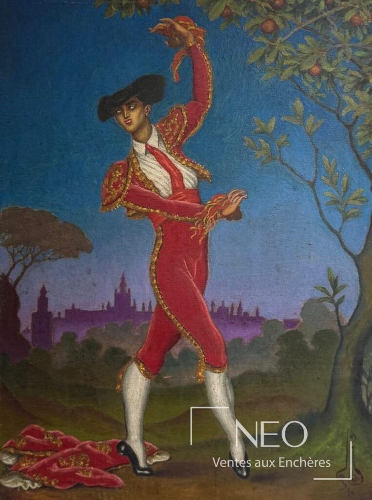 Danseur en costume rouge sur fond bleu