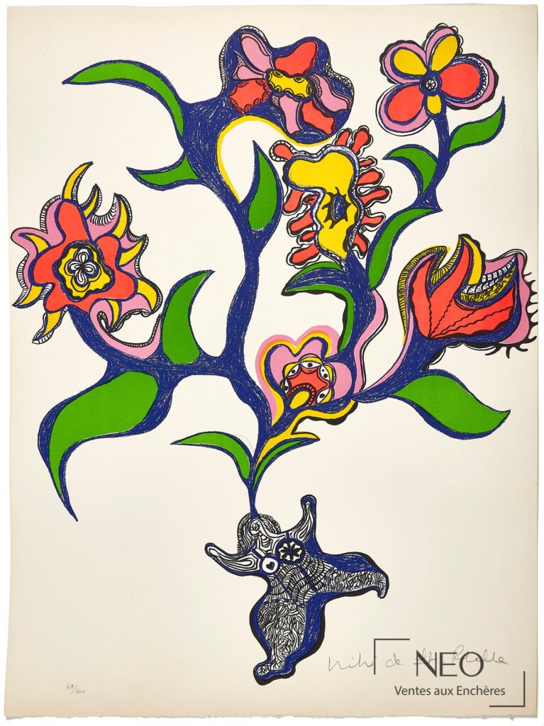 Lithographie en couleurs de Niki de Saint Phalle représentant une Nana fleurs multicolore