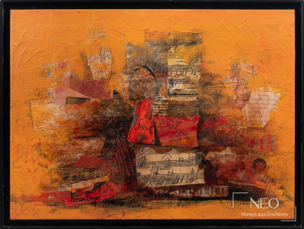 Composition abstraite orange et rouge sur toile encadrée