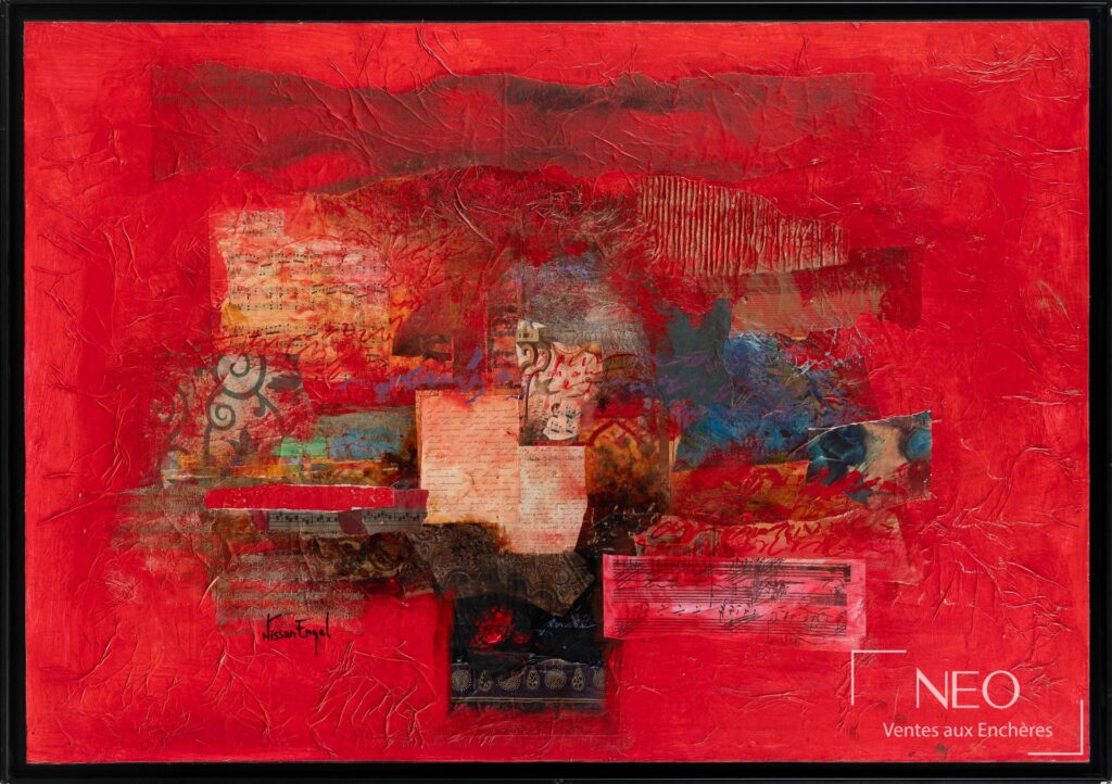 Composition abstraite rouge en technique mixte sur toile