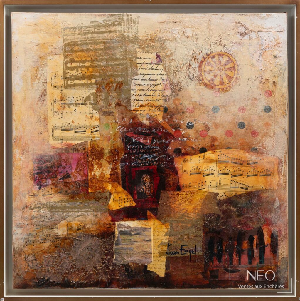 Composition abstraite aux collages et papiers sur toile dans des tons ocre