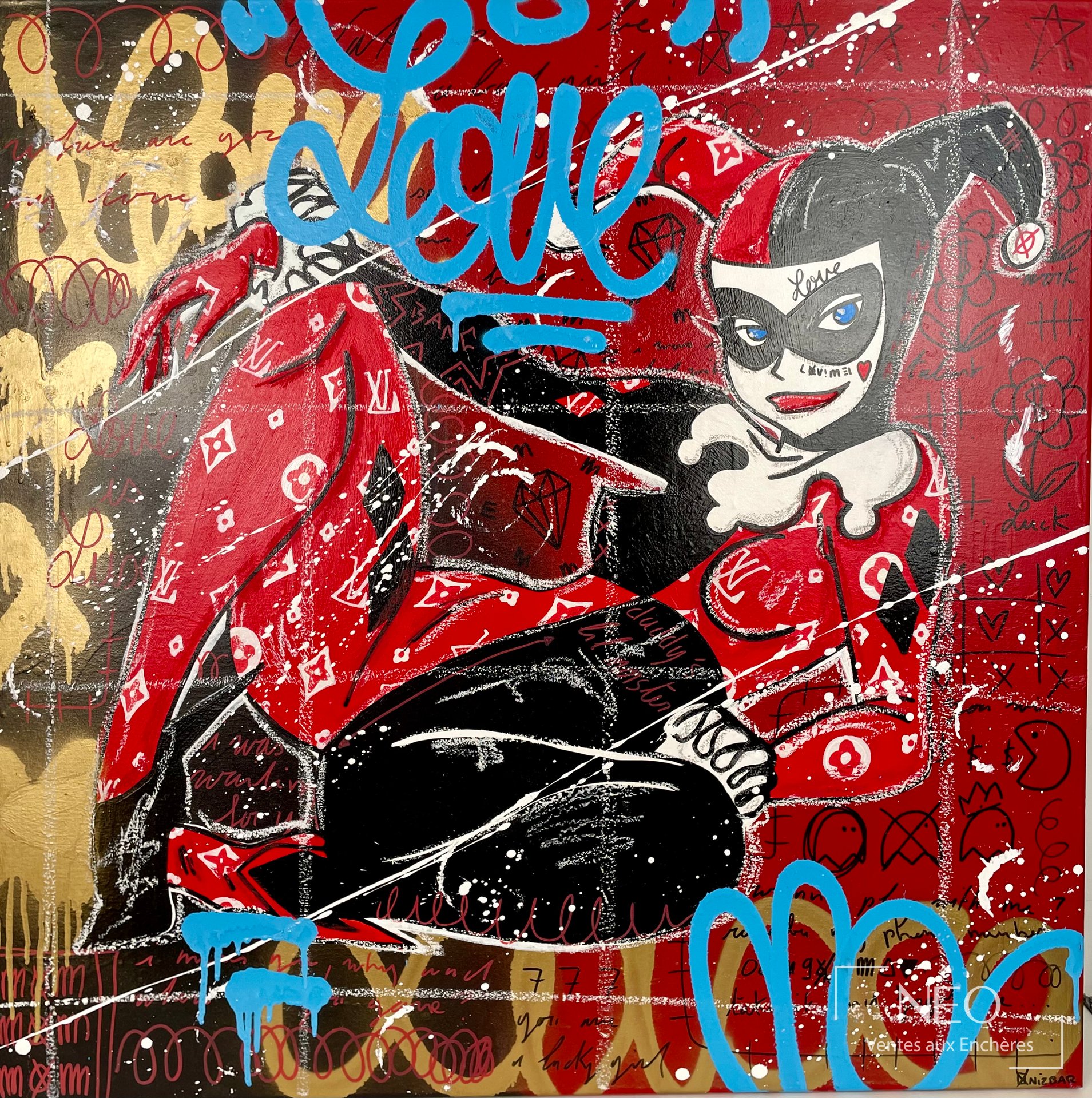 Composition colorée de NIZBAR avec personnage stylisé sur fond rouge et bleu