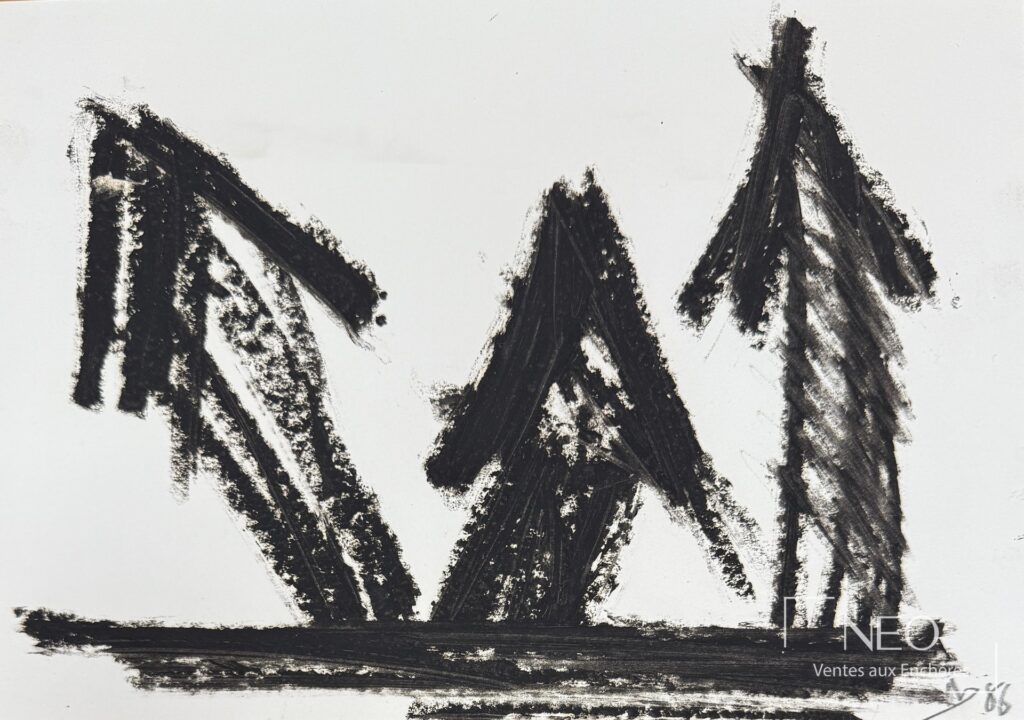 Œuvre sur papier de Noël Dolla représentant trois formes noires verticales et une barre horizontale