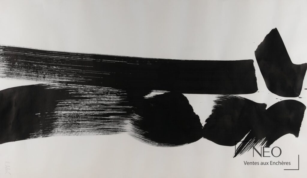 Composition abstraite d’Olivier Debré à l’encre noire sur fond blanc