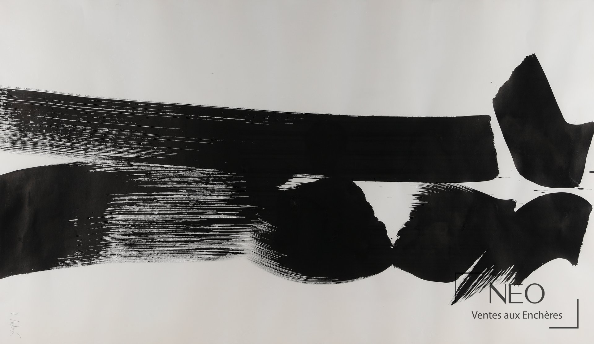 Composition abstraite d’Olivier Debré à l’encre noire sur fond blanc