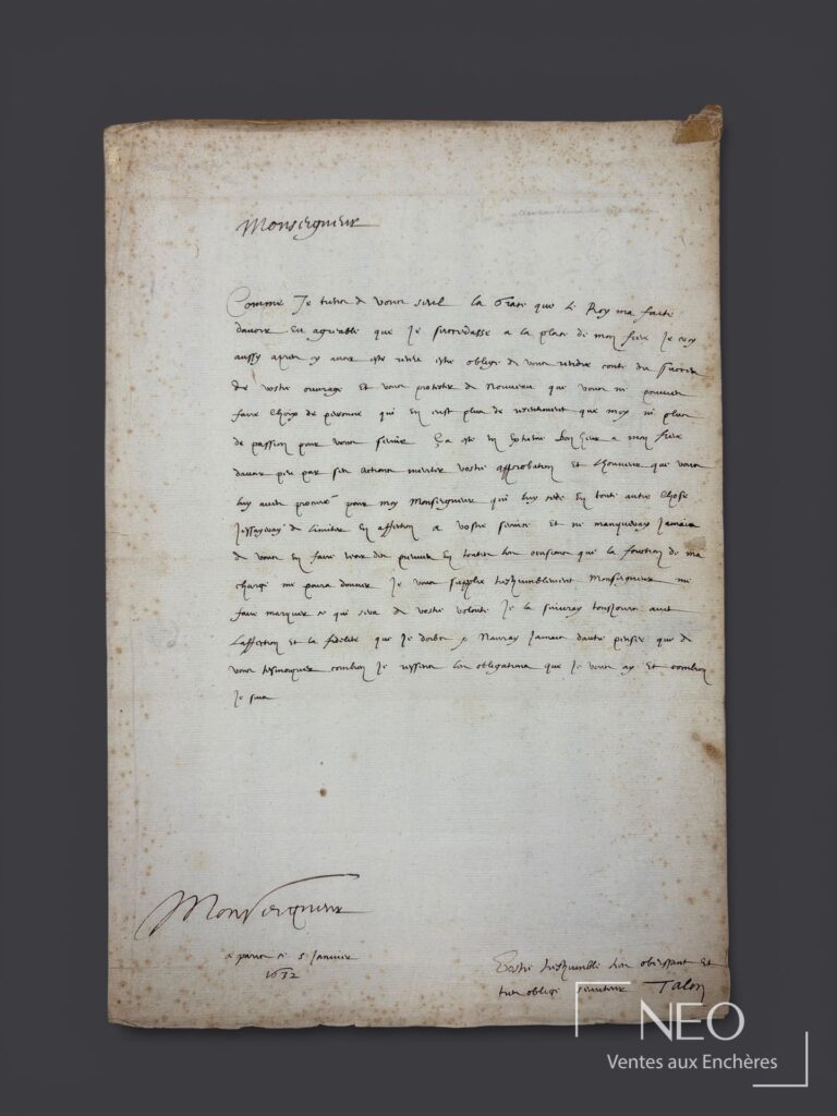 Lettre autographe signée d’Omer Talon sur feuillet ancien