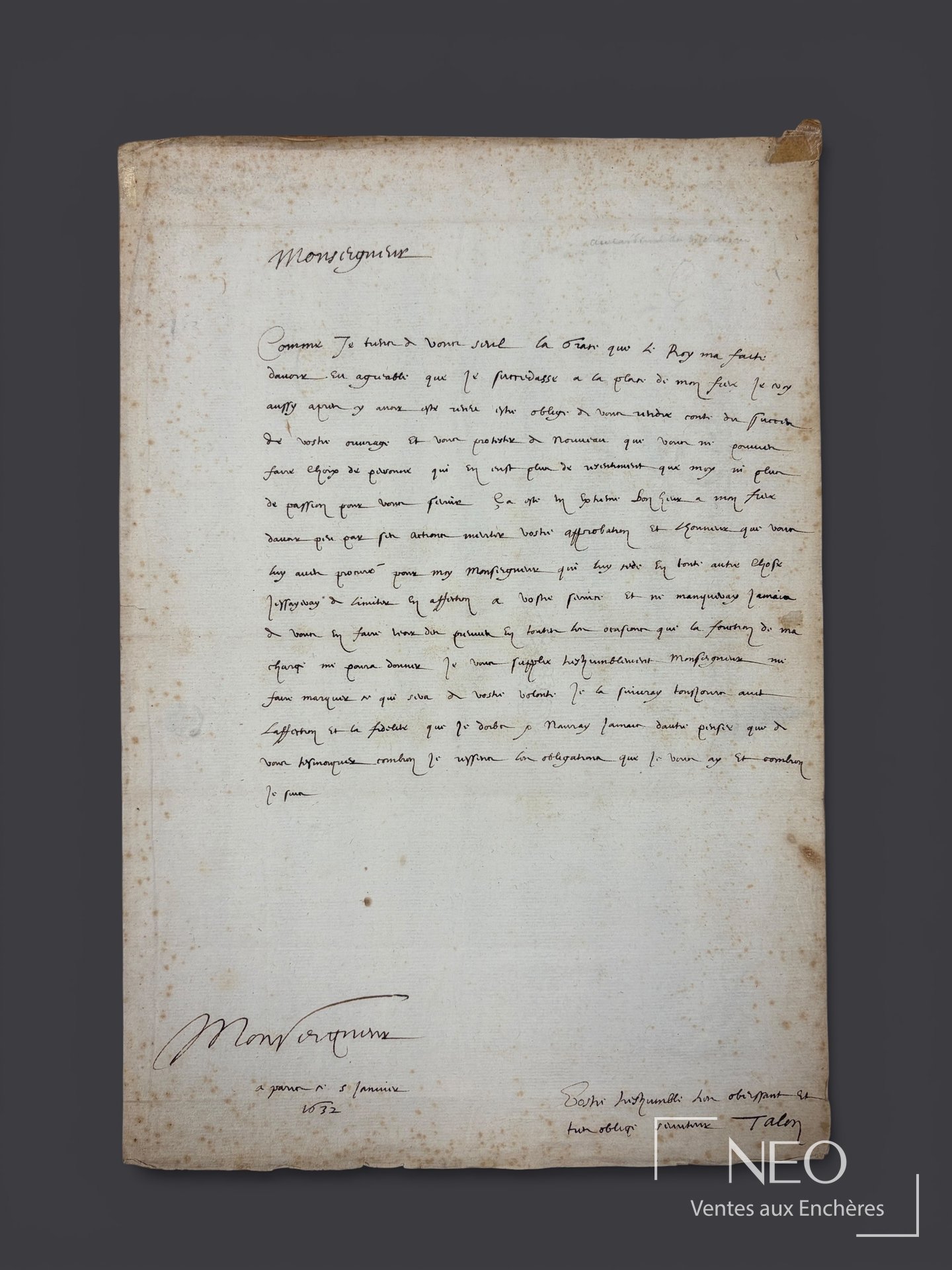 Omer Talon, lettre autographe signée au cardinal de Richelieu, 1632