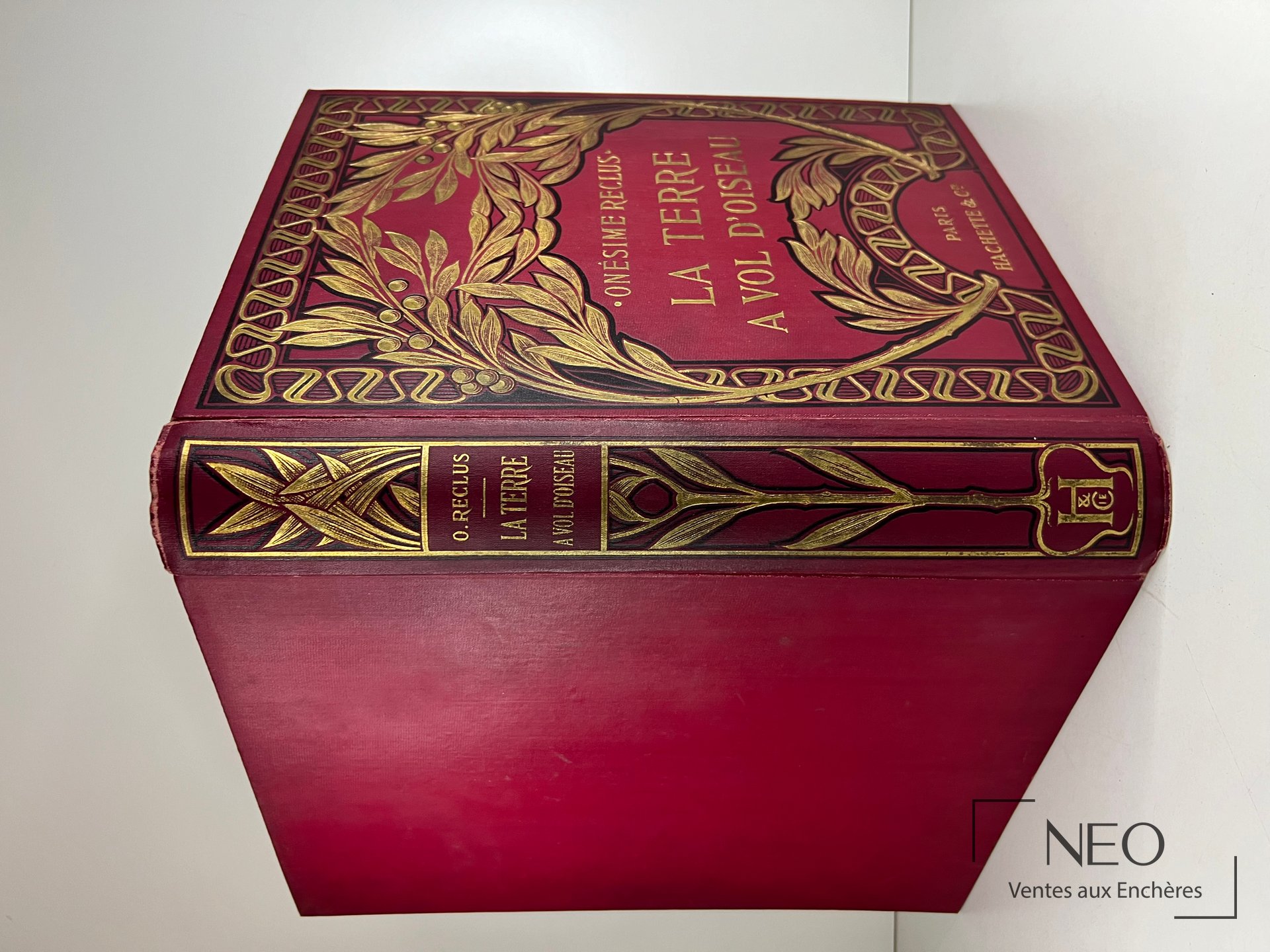 Couverture rouge ornée de motifs dorés avec le titre La Terre à vol d'oiseau