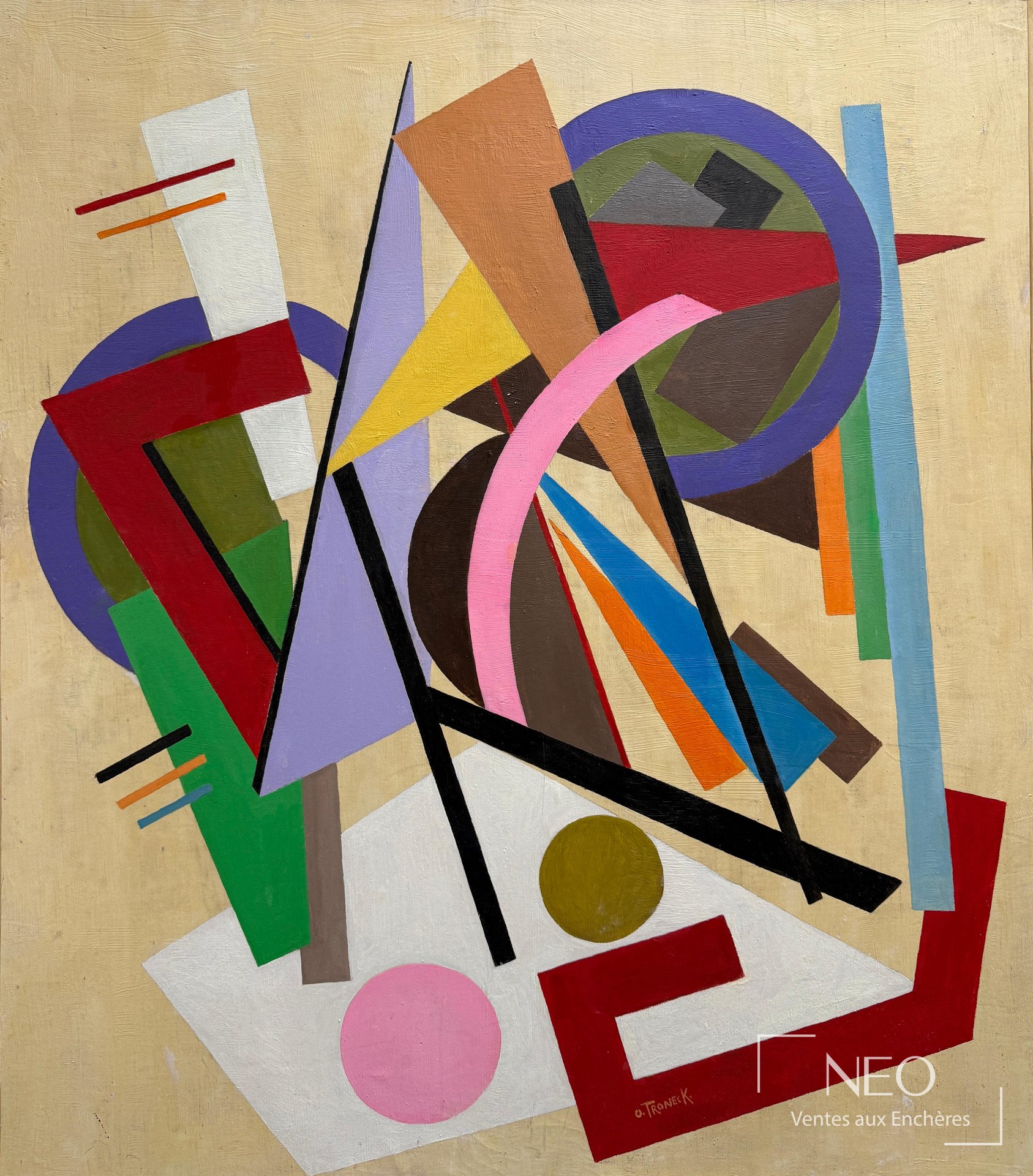Composition géométrique colorée signée O. Troneck sur fond beige