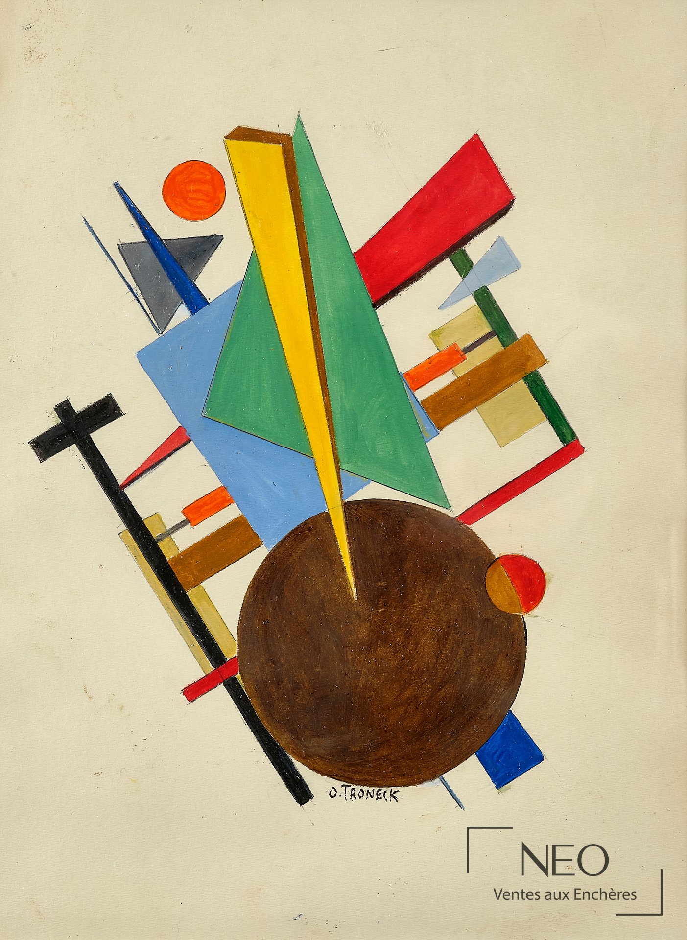 Composition abstraite en gouache sur papier aux formes géométriques colorées