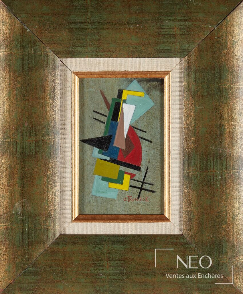 Composition abstraite signée O. Troneck dans un encadrement peint vert et or