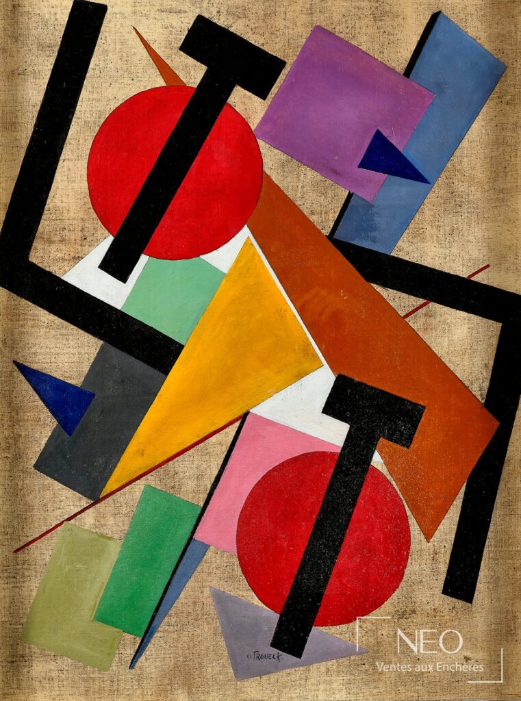 Composition abstraite aux formes géométriques et couleurs vives sur fond beige