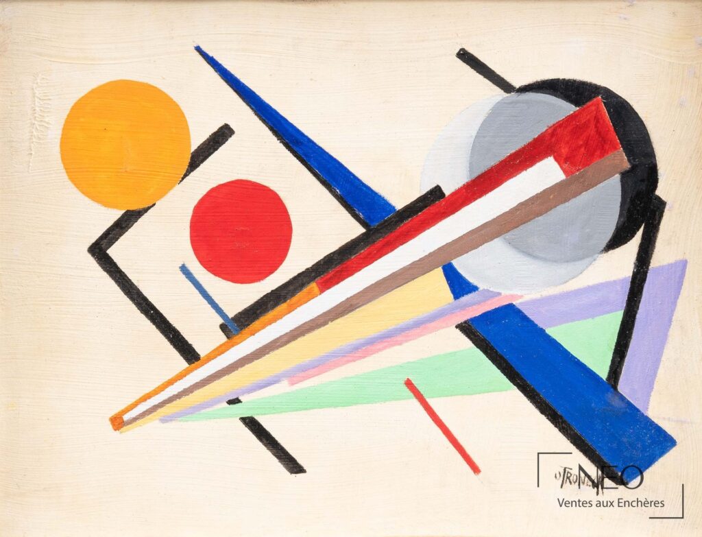 Composition géométrique d'Oscar Troneck avec formes colorées sur fond clair