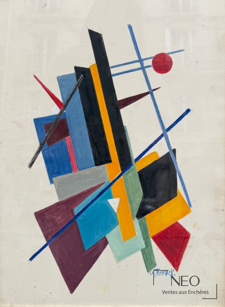 Composition géométrique aux formes colorées et à la signature O. Tronek en bas à droite.