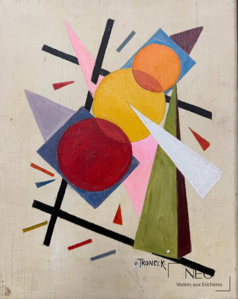Composition géométrique colorée signée O. Troneck sur fond clair