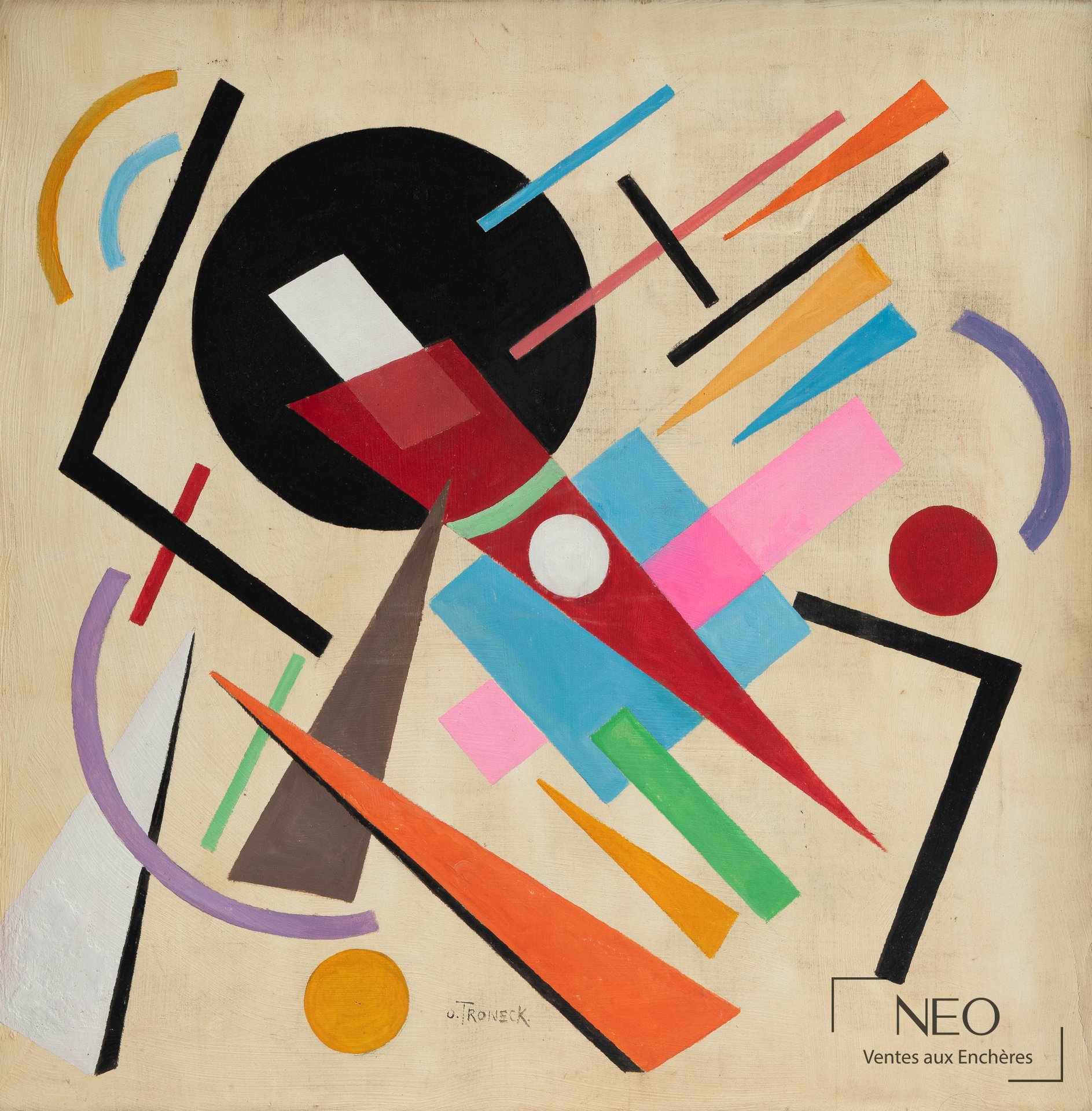 Composition géométrique d'Oscar Troneck aux formes colorées sur fond clair
