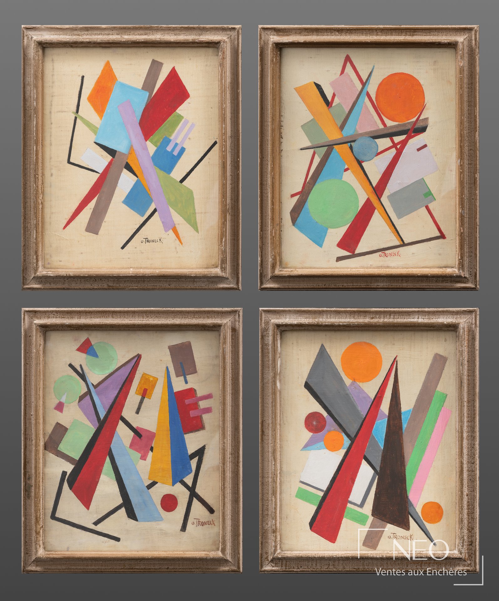 Quadriptyque abstrait signé O. Troneck