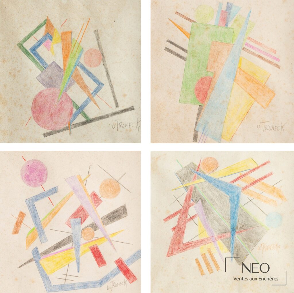 Quatre compositions géométriques colorées d'Oscar Troneck réunies en vue d'ensemble.