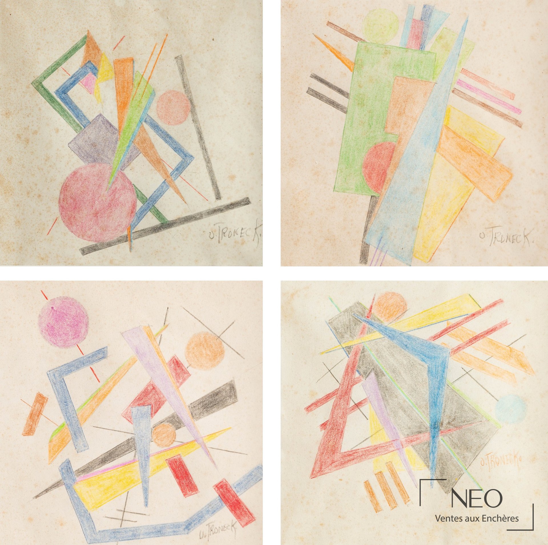 Quatre compositions géométriques colorées d'Oscar Troneck réunies en vue d'ensemble.
