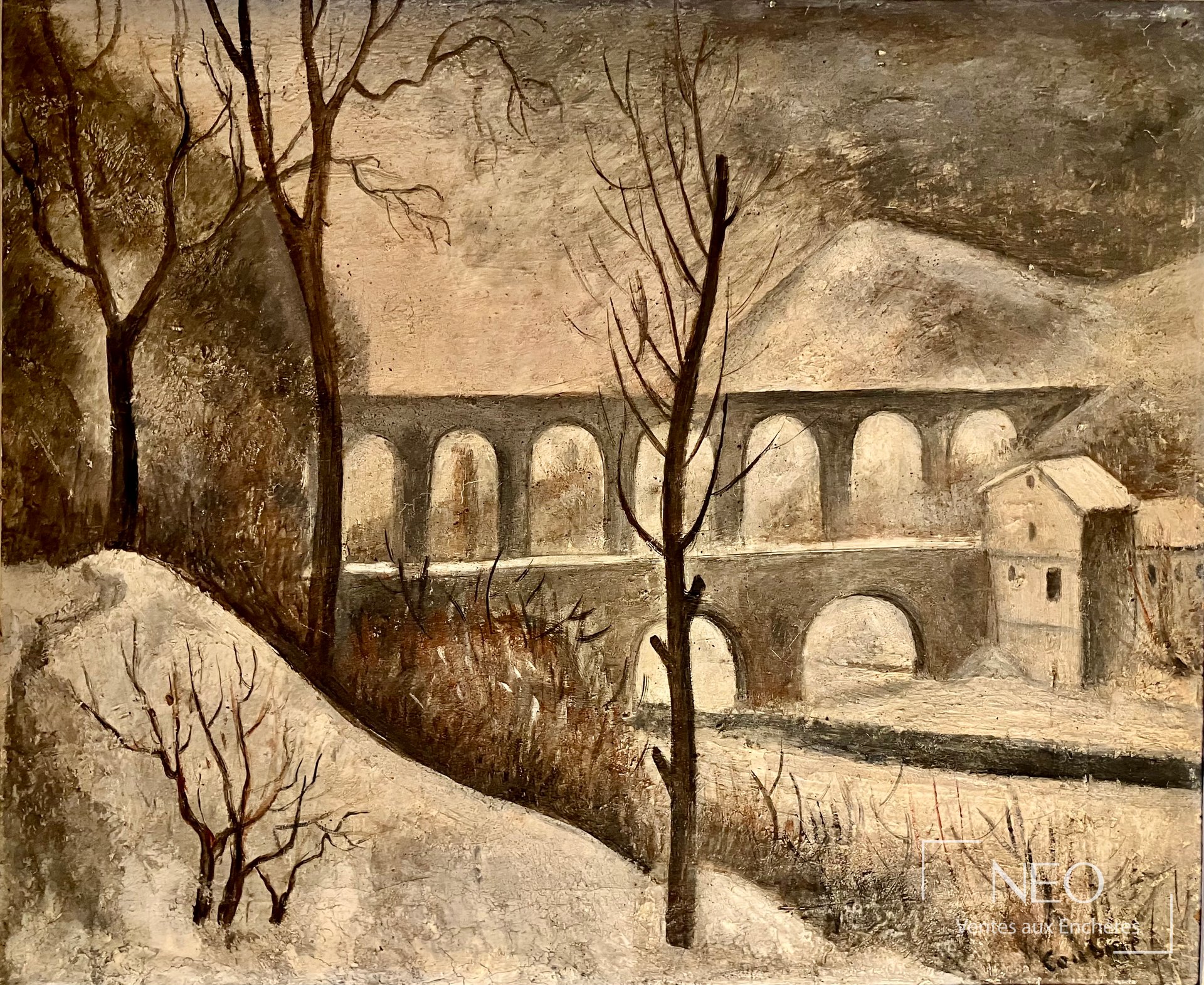 Paysage hivernal avec aqueduc