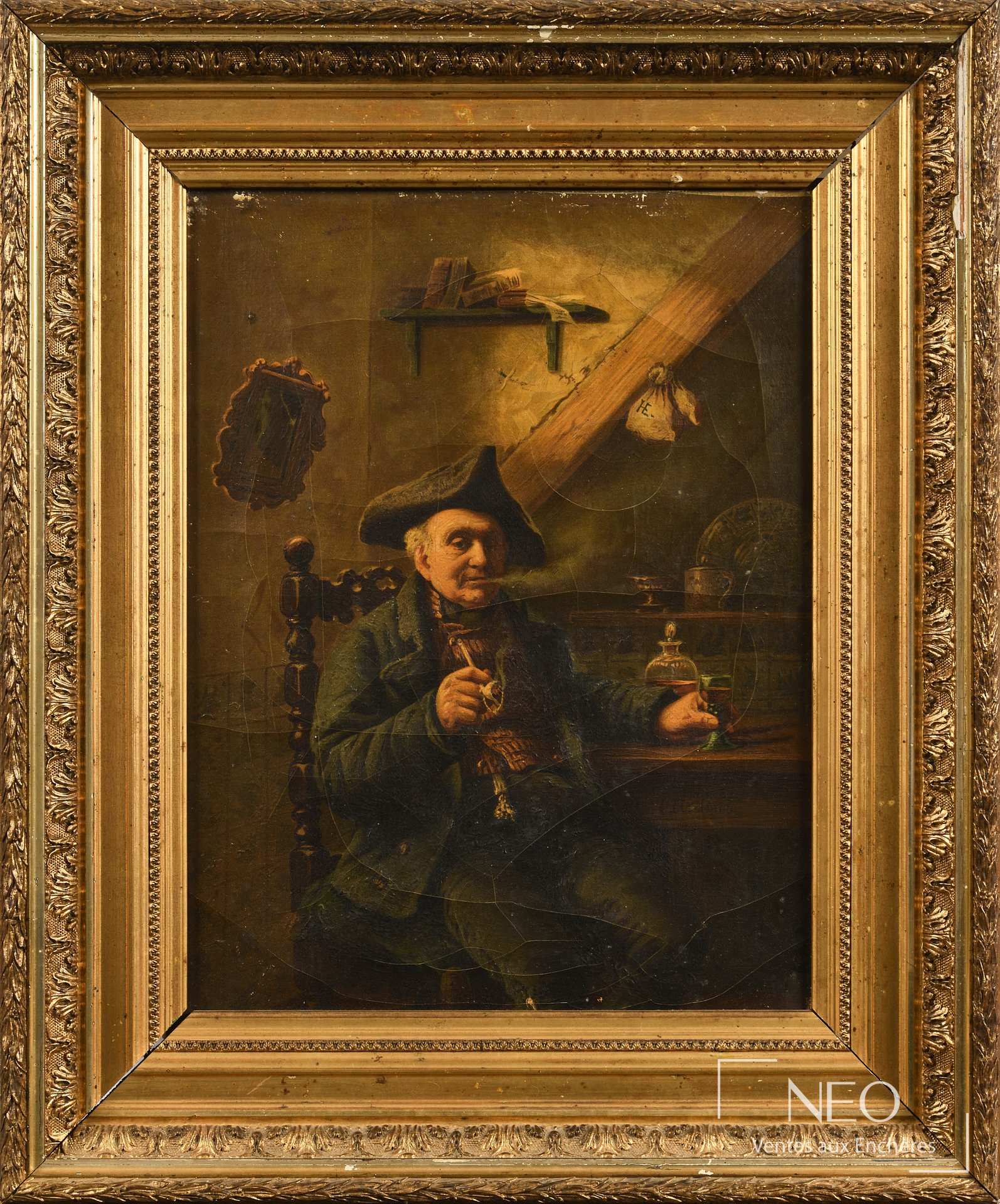 Peinture d'un homme fumant la pipe dans un intérieur sombre