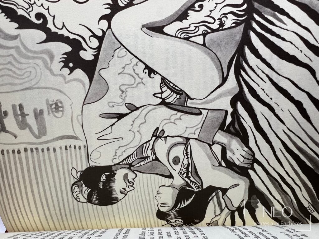 Illustration érotique en noir et blanc représentant deux figures enlacées