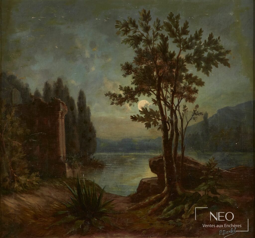 Paysage nocturne à la lune avec arbres et rive
