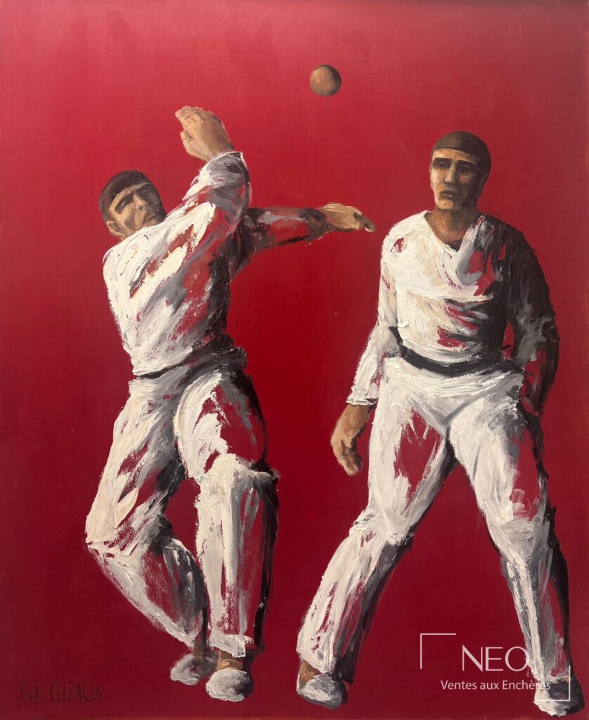 Diptyque de Pablo Elizaga montrant deux joueurs de pelote basque sur fond rouge
