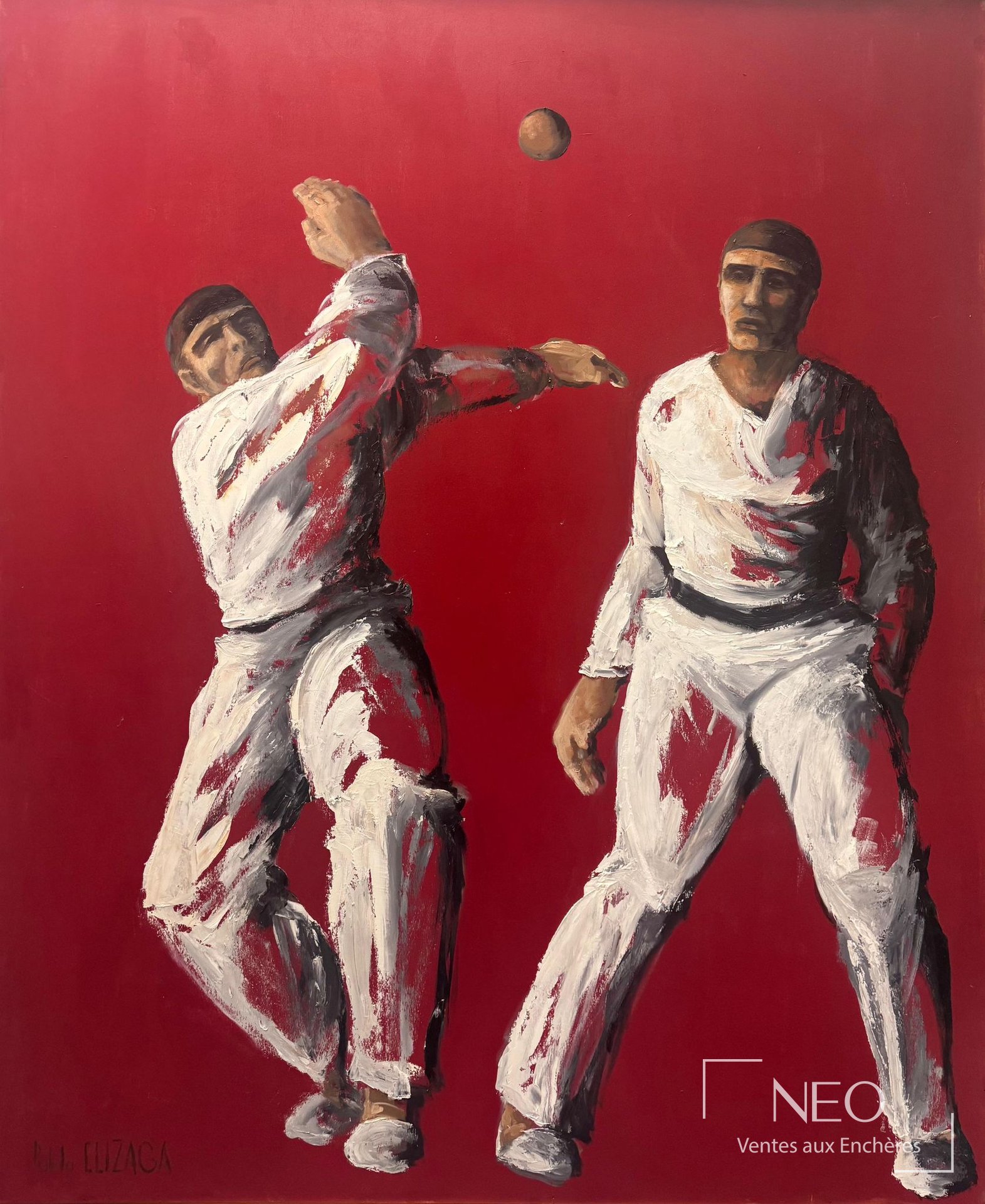 Diptyque de Pablo Elizaga montrant deux joueurs de pelote basque sur fond rouge