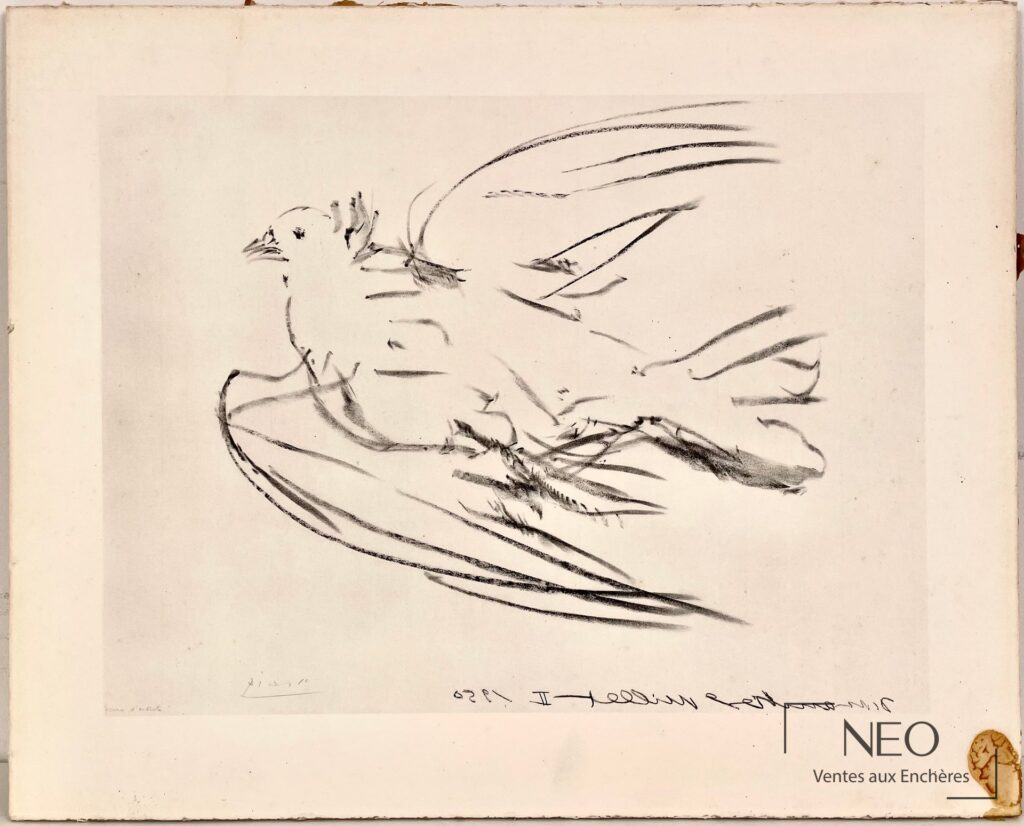 Impression sur papier d'après Pablo Picasso représentant une colombe en vol