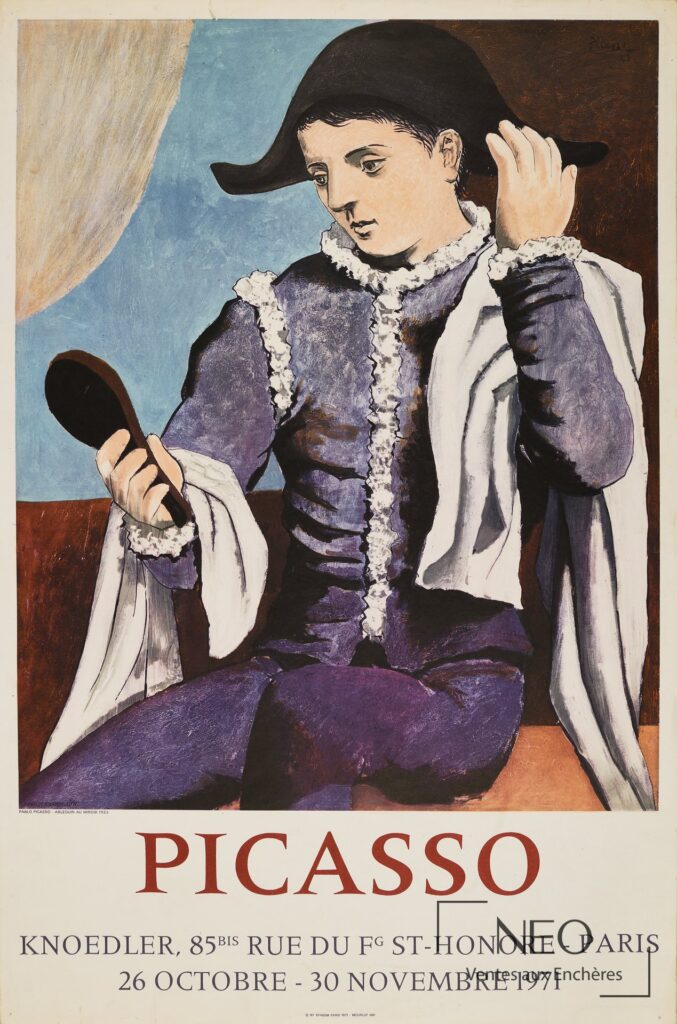 Affiche d'exposition d'après Pablo Picasso montrant un arlequin au miroir et le texte Knoedler Paris.