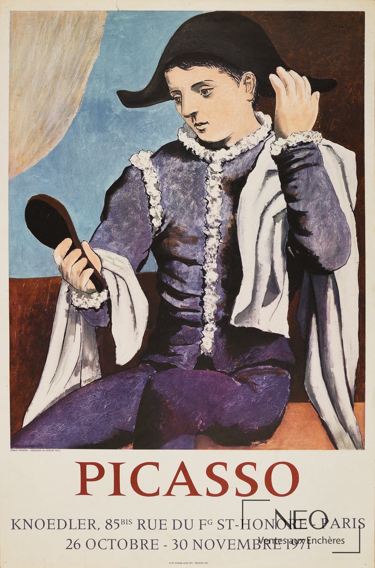 Affiche d'exposition d'après Pablo Picasso montrant un arlequin au miroir et le texte Knoedler Paris.
