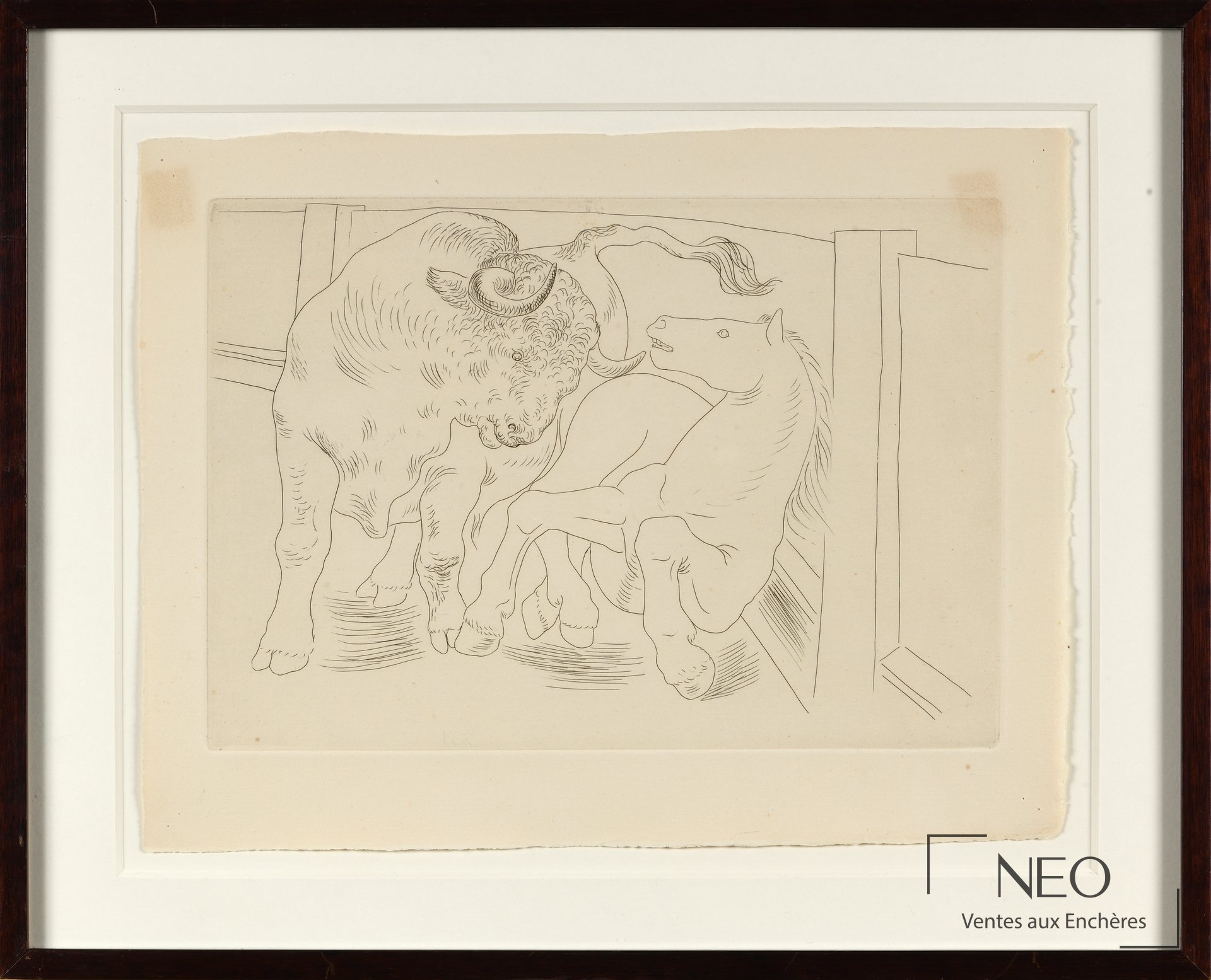 Eau-forte de Picasso représentant un taureau et un cheval dans une arène