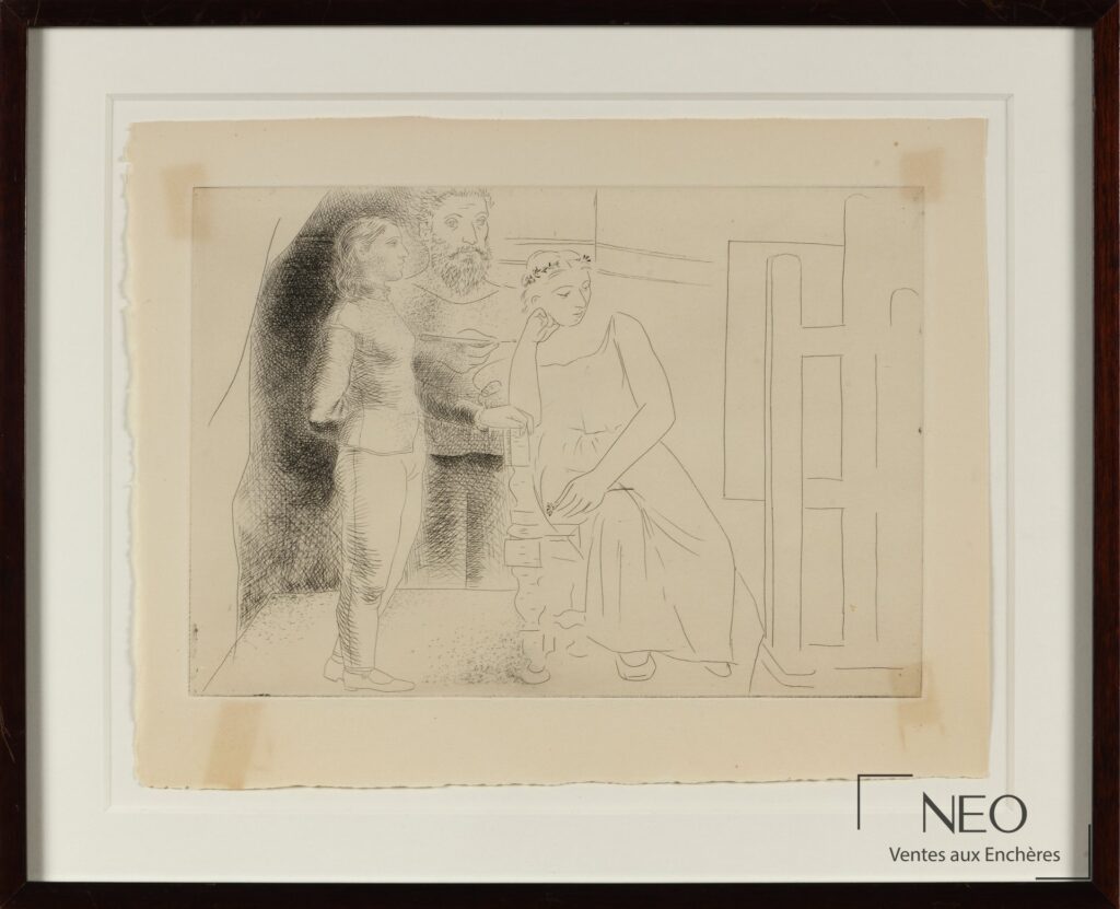 Eau-forte de Pablo Picasso représentant trois figures dans un intérieur