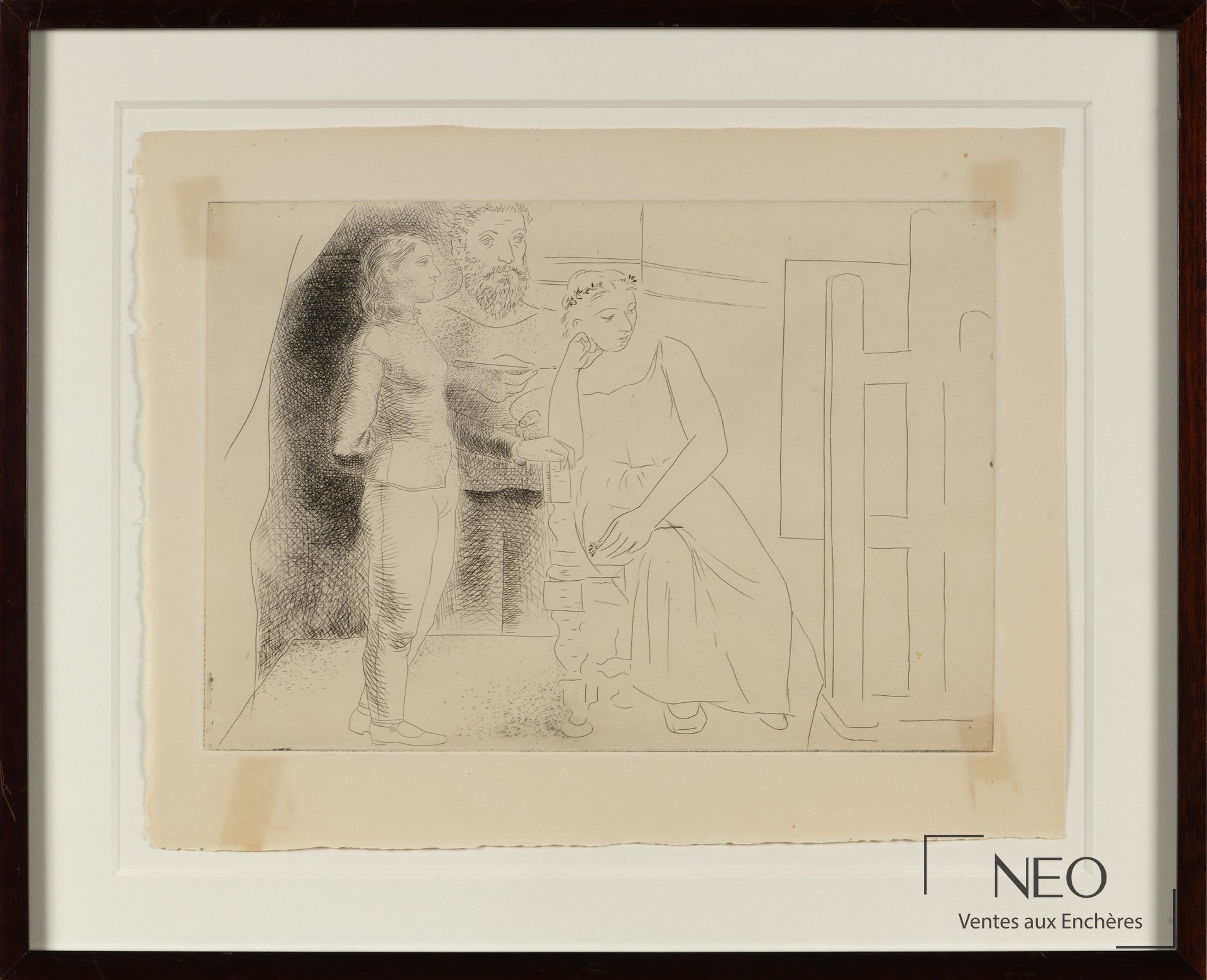 Eau-forte de Pablo Picasso représentant trois figures dans un intérieur