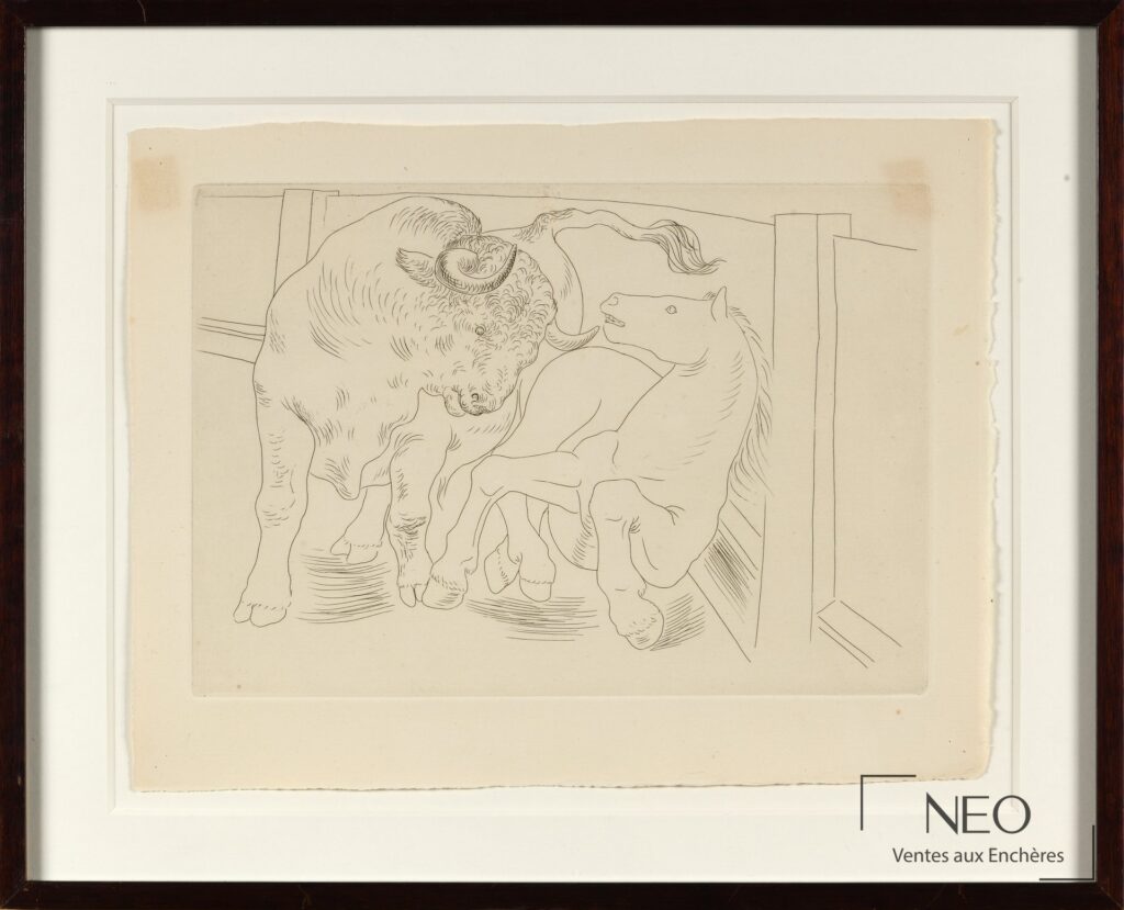 Eau-forte de Pablo Picasso représentant un taureau et un cheval dans une arène