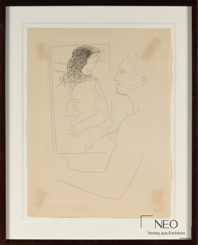 Eau-forte encadrée de Pablo Picasso montrant deux figures en trait sur papier crème